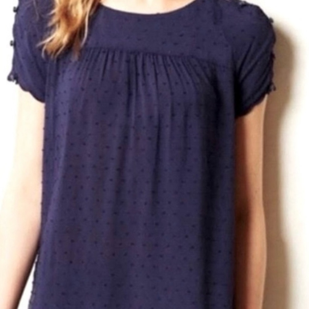 Maeve/Anthropology Navy Swiss dot, shoulder button closure top. Size 6